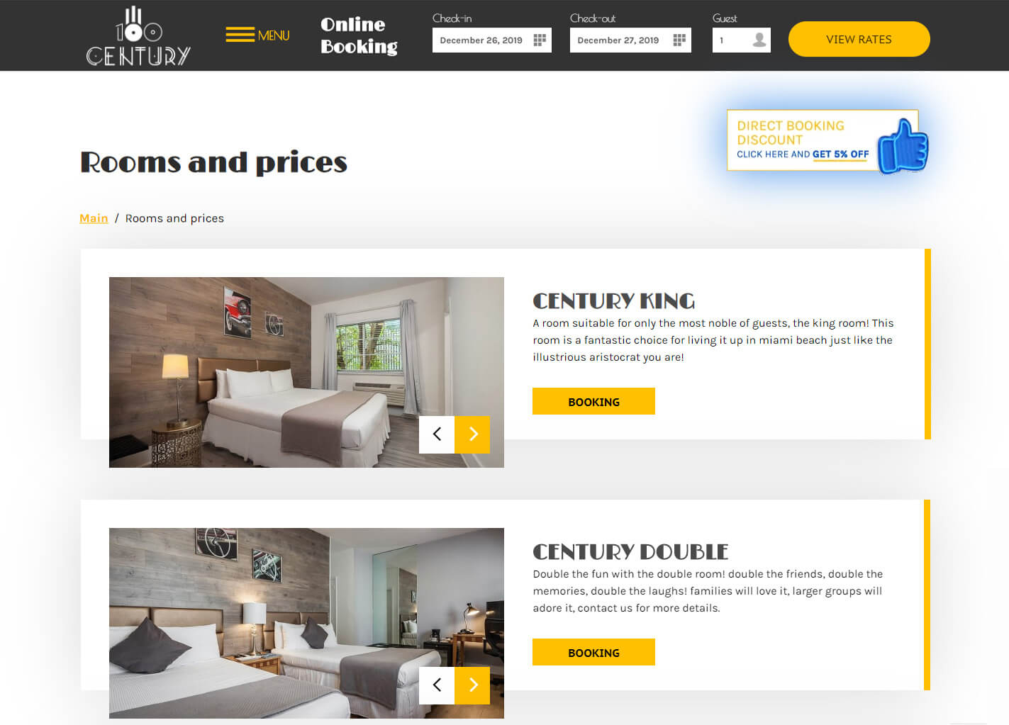 «Book Now» button on the rooms page
