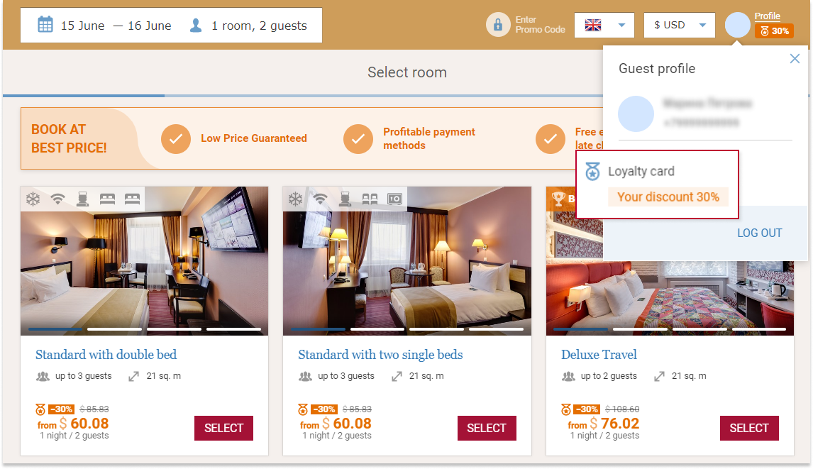 A guest opens a booking engine on your website, logs in the guest profile with the phone number, and gets a discount based on his/her loyalty levels.