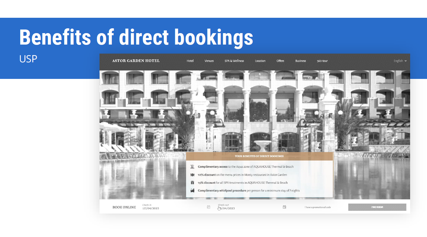 Benefits of booking direct highlighted on a hotel website