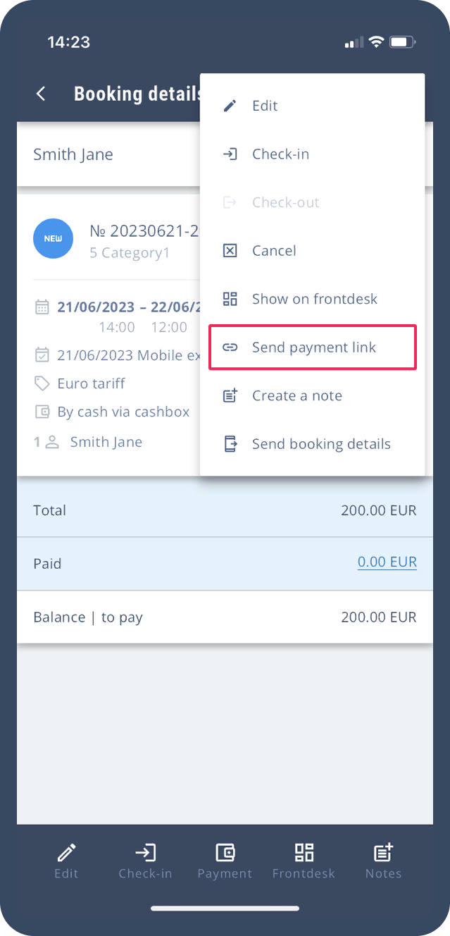 Send payment link button