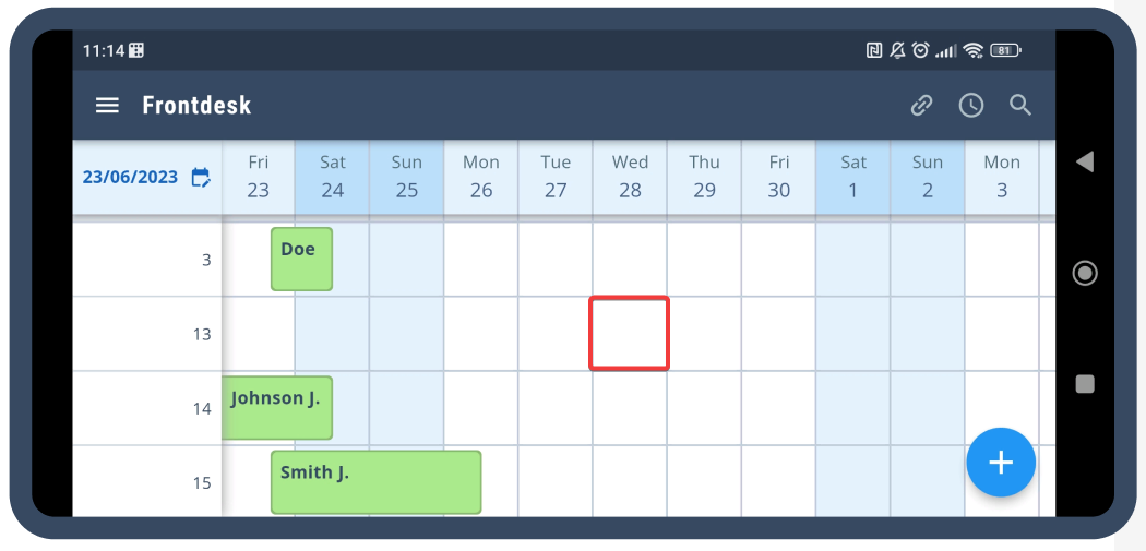 To create a booking for room 13 on June 28th, click on the cell highlighted in red.